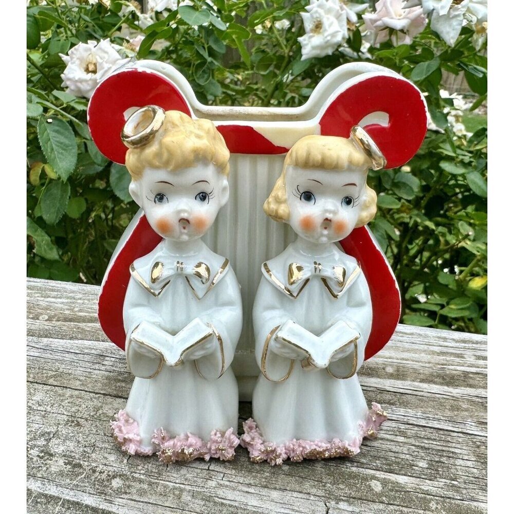 Pink Spaghetti Planter Christmas MCM Decor Boy Girl Angel Choir Sing Vintage